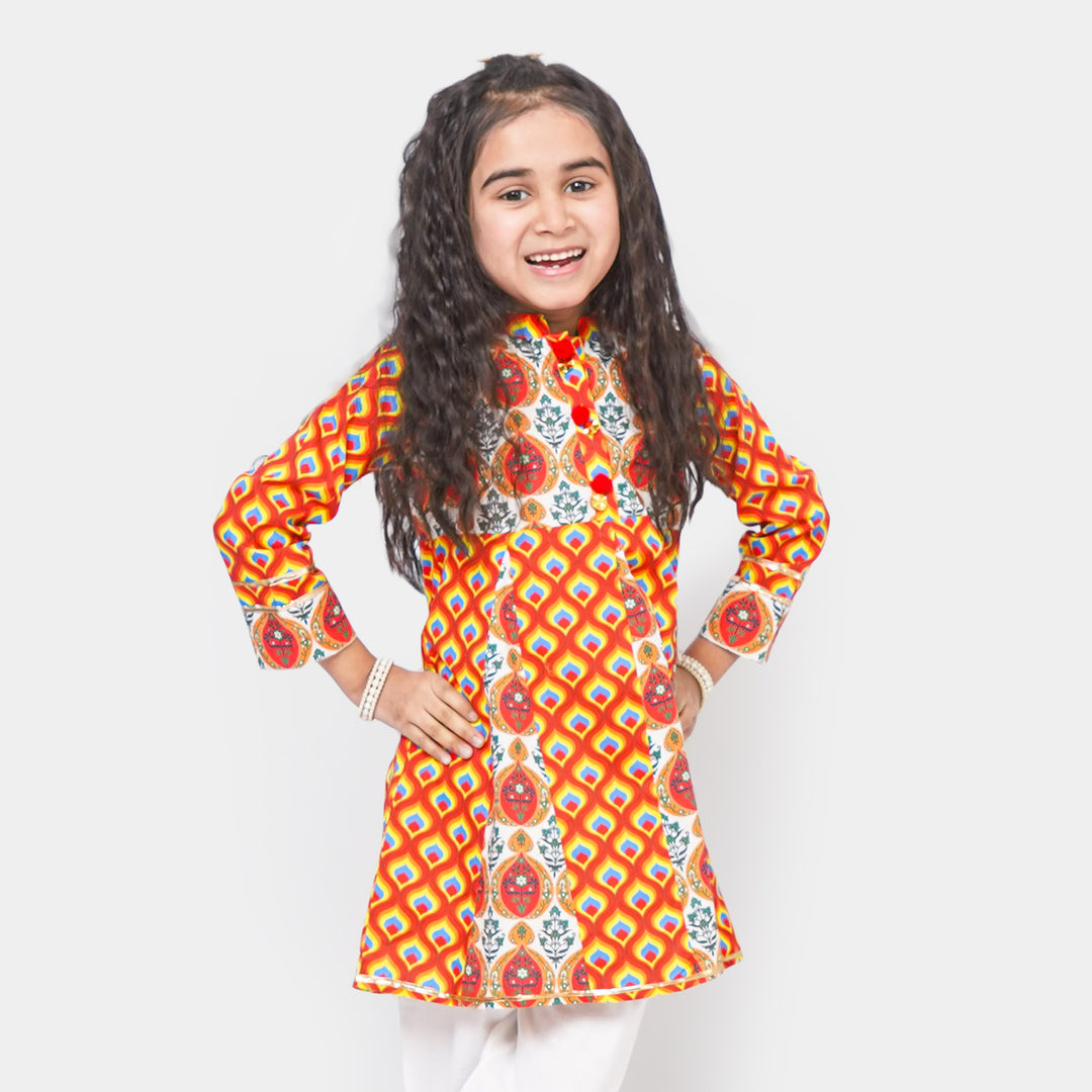 Girls Cotton Digital Print Long Kurti - Multi