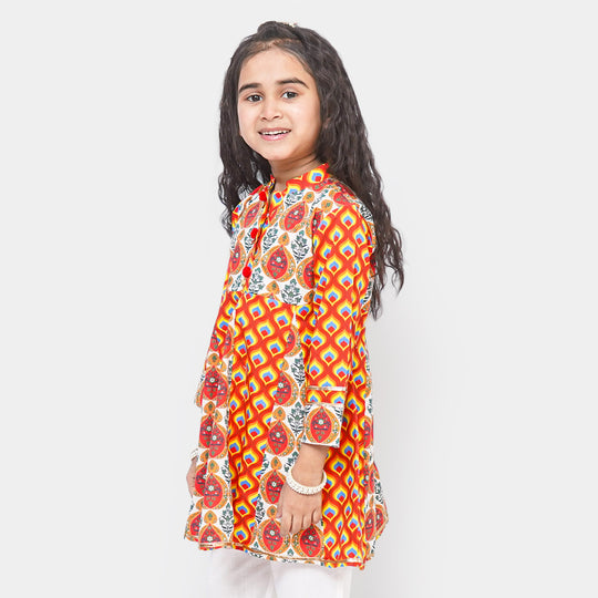 Girls Cotton Digital Print Long Kurti - Multi