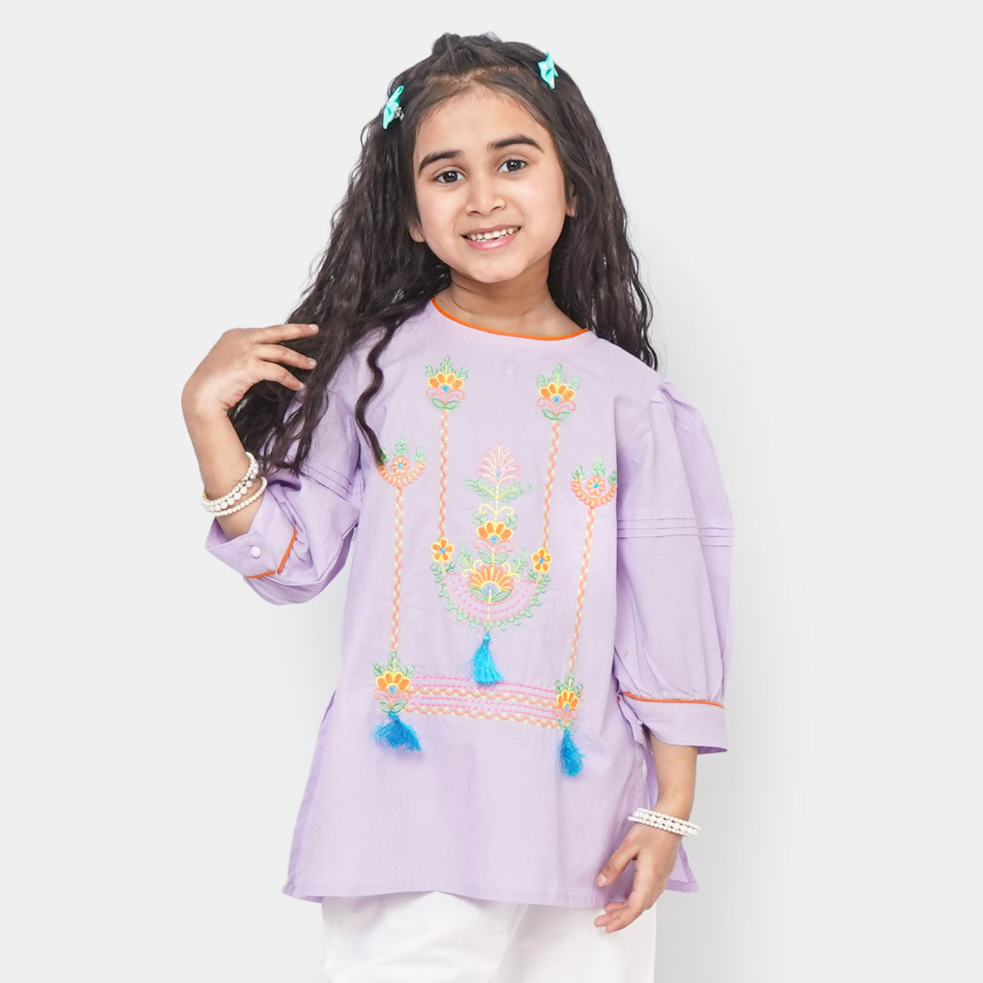 Girls Cotton Jacquard Embroidered Kurti - Purple