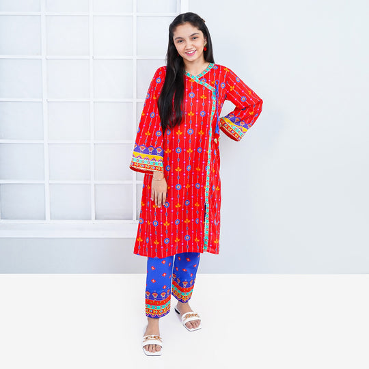 Unstitched Girls Lawn Digital Print 2Pcs Suit  - Red