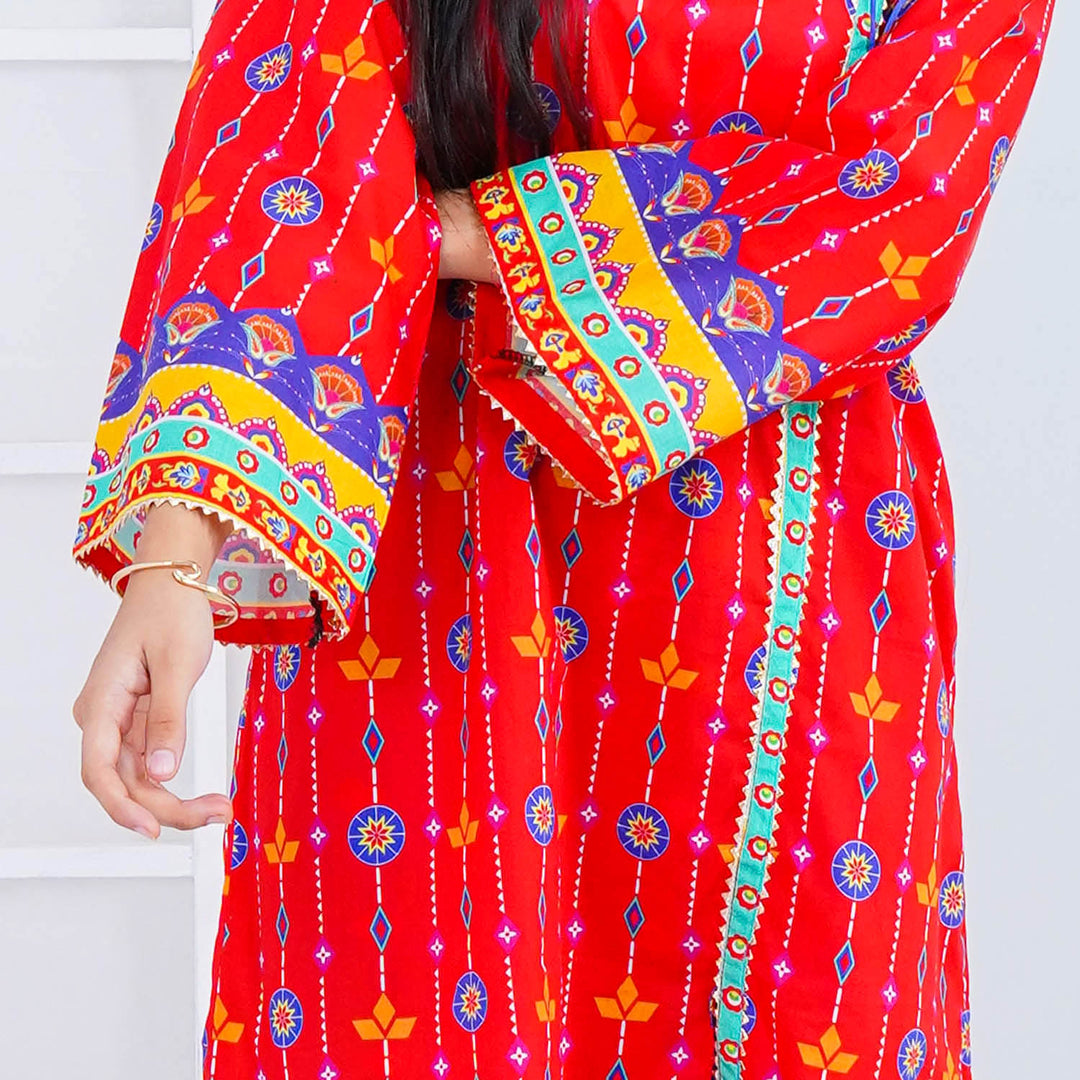 Unstitched Girls Lawn Digital Print 2Pcs Suit  - Red