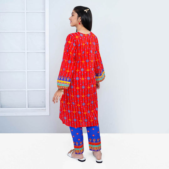 Unstitched Girls Lawn Digital Print 2Pcs Suit  - Red