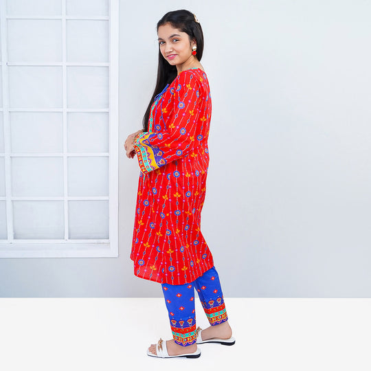 Unstitched Girls Lawn Digital Print 2Pcs Suit  - Red