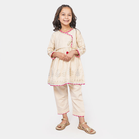 Girls Cotton 2Pcs Suit Floral - BEIGE