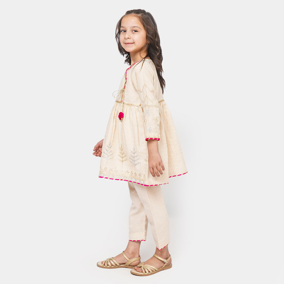 Girls Cotton 2Pcs Suit Floral - BEIGE