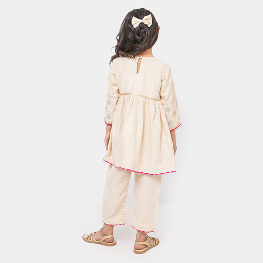 Girls Cotton 2Pcs Suit Floral - BEIGE