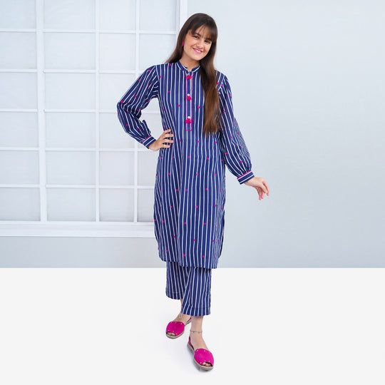 Unstitched Girls Lawn Embroidered 2Pcs Suit  - Blue