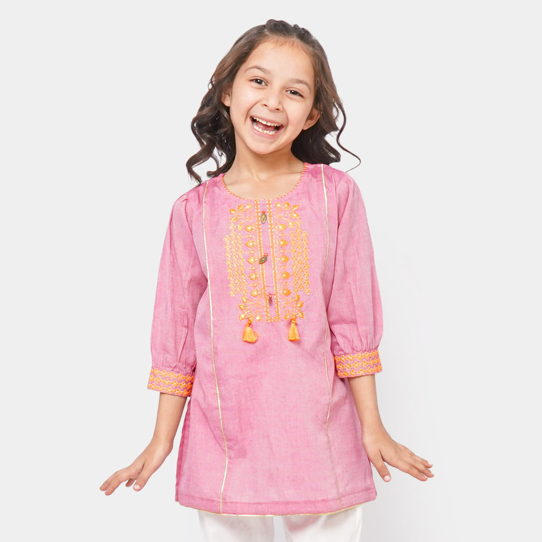 Girls Cotton Embroidered Kurti Glow - Pink