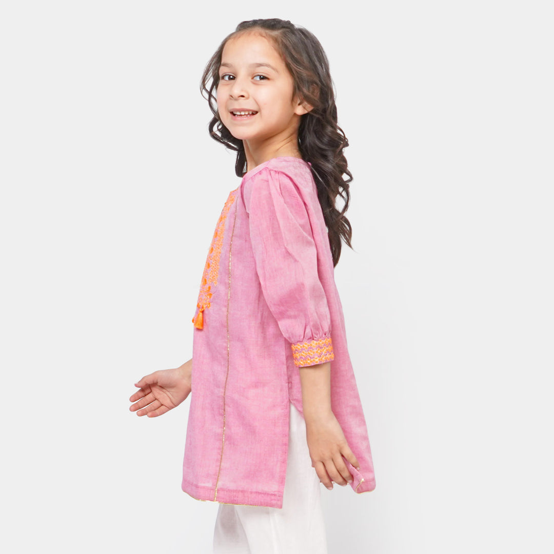 Girls Cotton Embroidered Kurti Glow - Pink