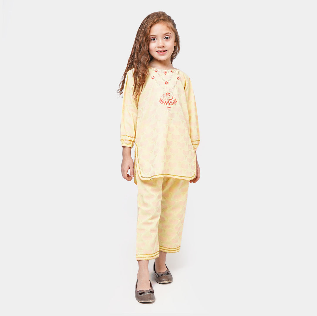 Girls Jacquard 2Pcs Suit - Lime Yellow