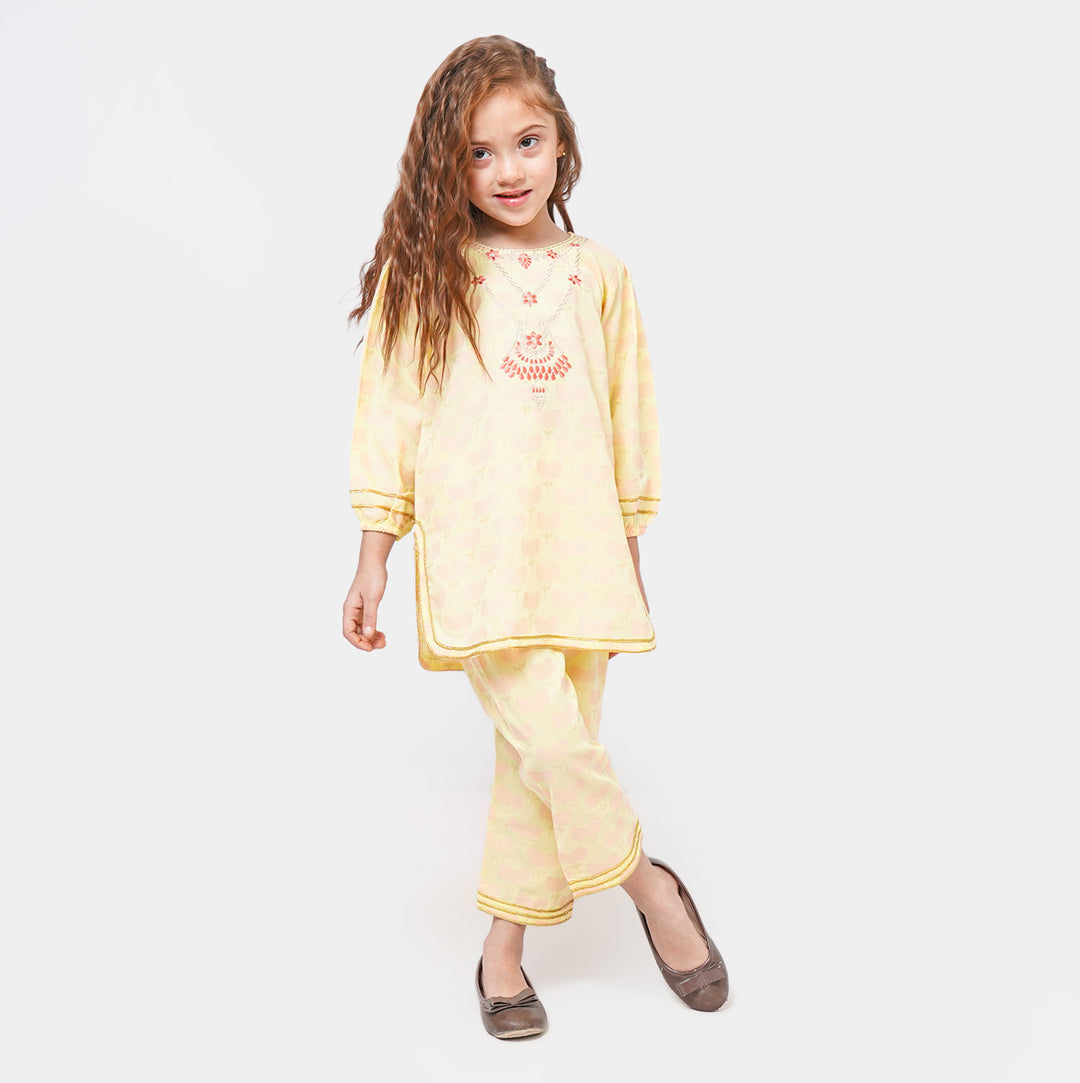 Girls Jacquard 2Pcs Suit - Lime Yellow