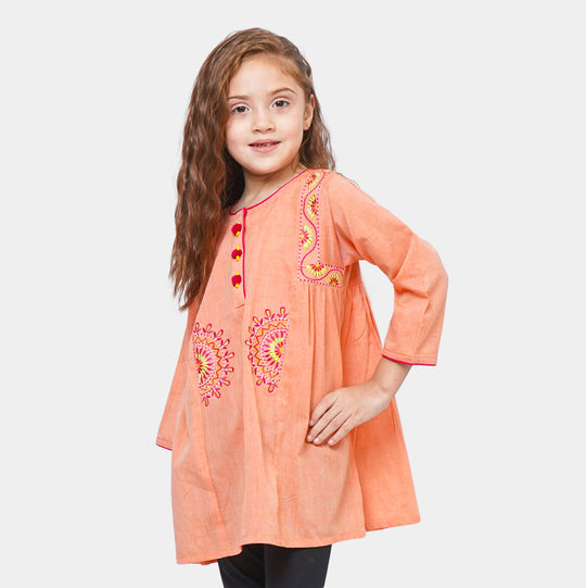 Girls Cotton Embroidered Kurti Pathani - Peach