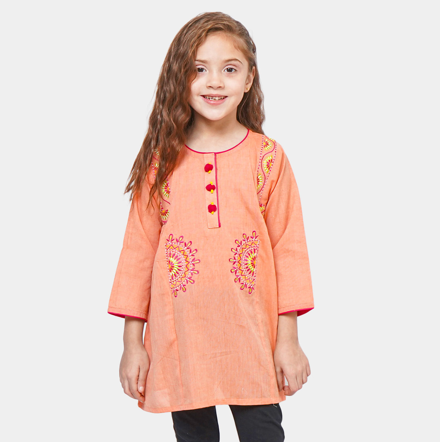 Girls Cotton Embroidered Kurti Pathani - Peach