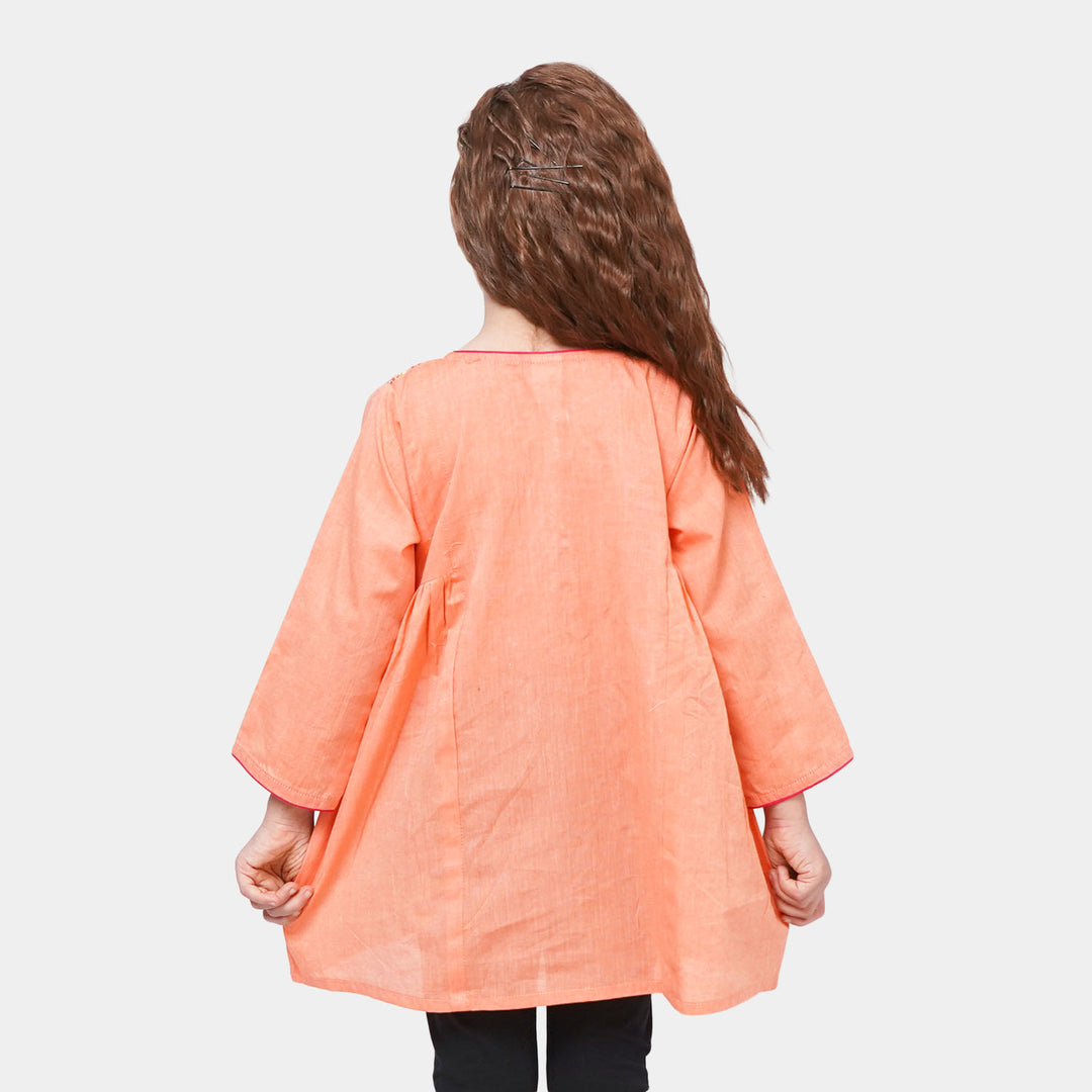 Girls Cotton Embroidered Kurti Pathani - Peach