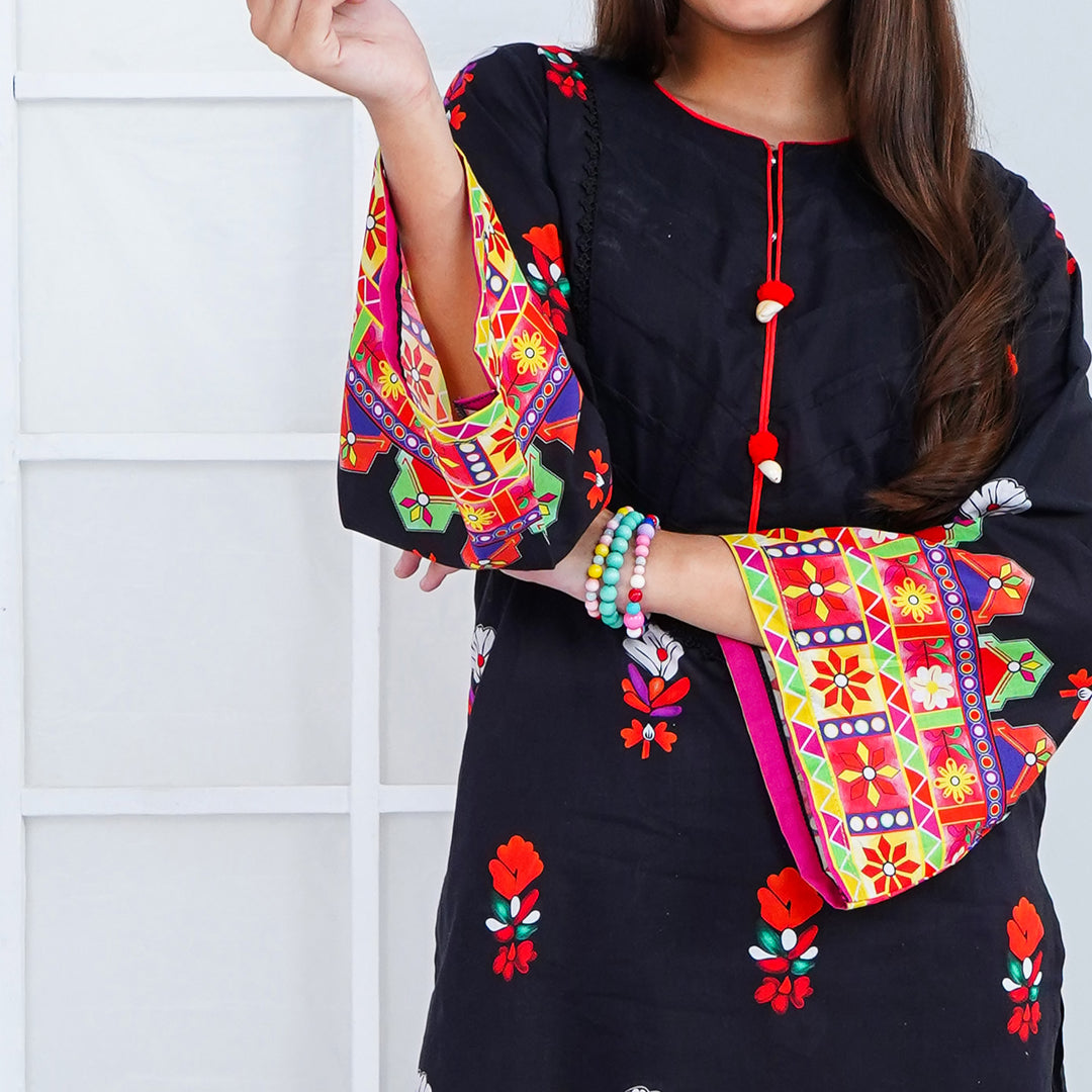 Unstitched Girls Lawn Digital Print 2Pcs Suit  - Black