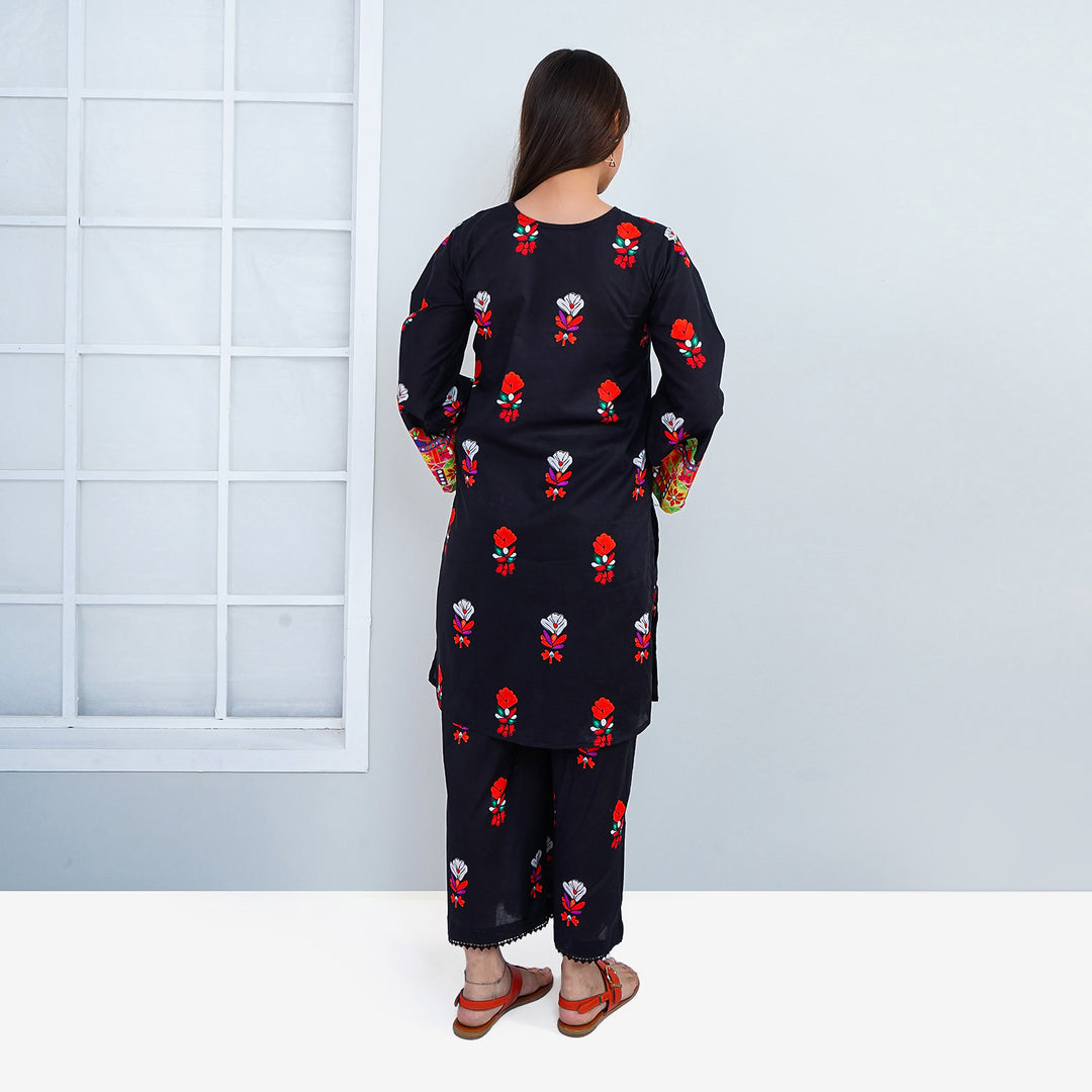 Unstitched Girls Lawn Digital Print 2Pcs Suit  - Black