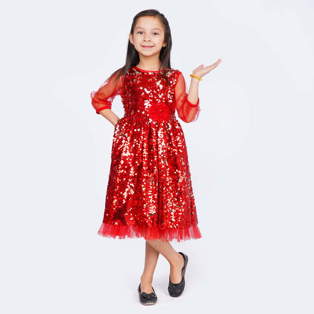 Girls Fancy Frock Full Sequins - Red