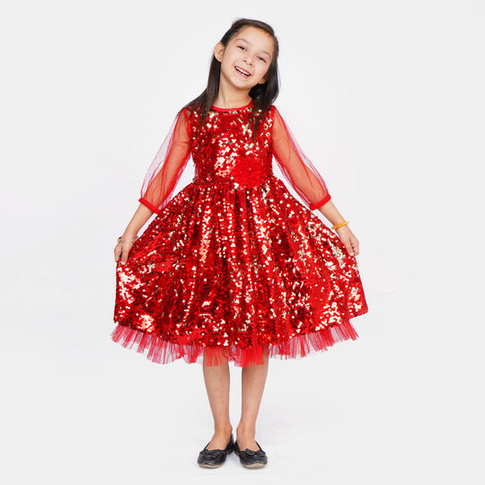 Girls Fancy Frock Full Sequins - Red