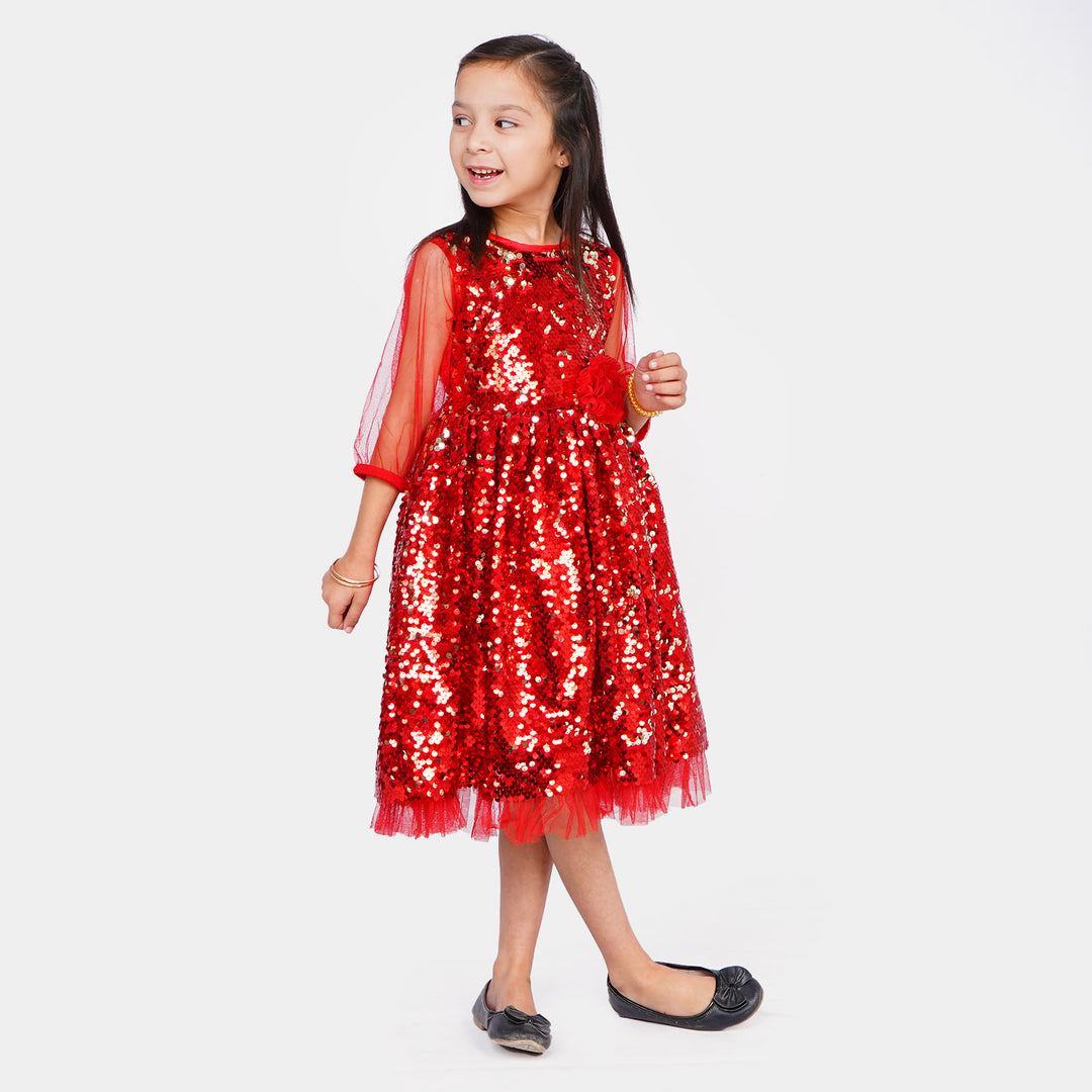 Girls Fancy Frock Full Sequins - Red