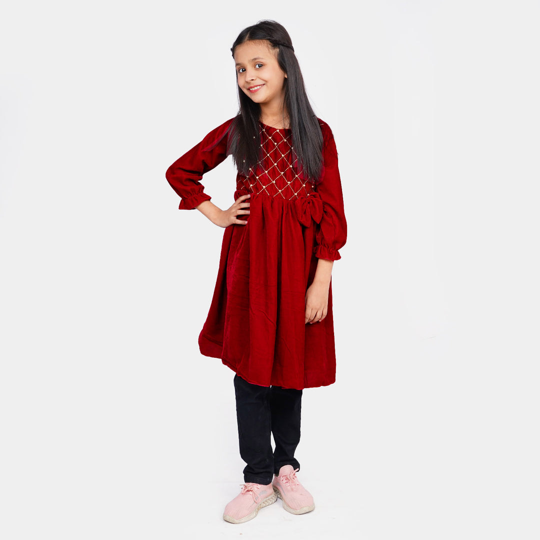 Girls Fancy Frock Velvet EMB - MAROON