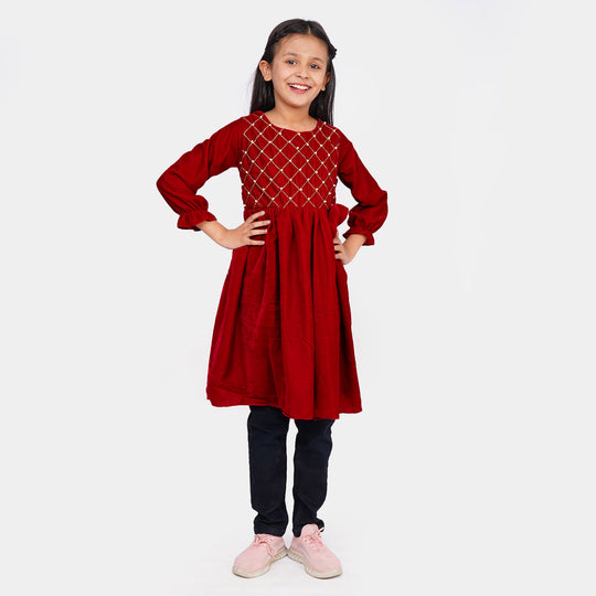 Girls Fancy Frock Velvet EMB - MAROON