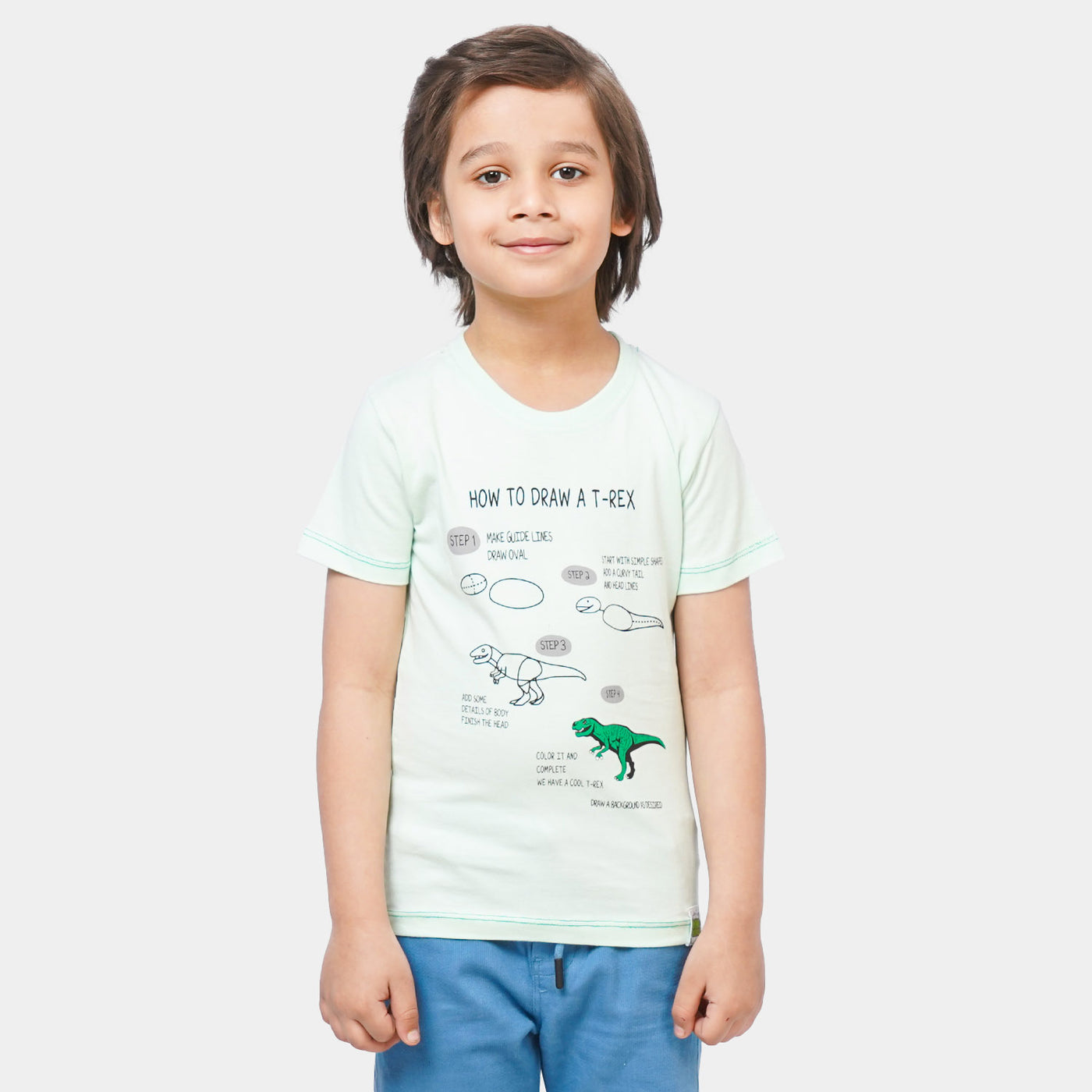 Boys Cotton T-Shirt Draw T-Rex - Sea Green