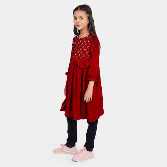 Girls Fancy Frock Velvet EMB - MAROON