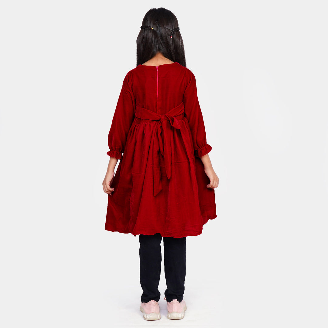 Girls Fancy Frock Velvet EMB - MAROON