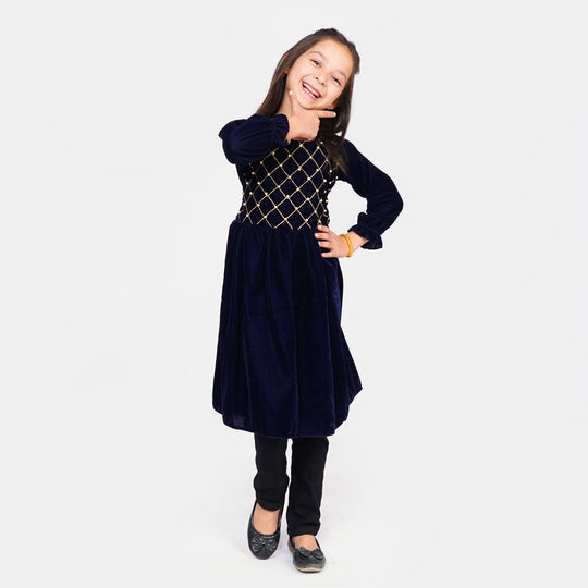 Girls Fancy Frock Velvet EMB - Blue