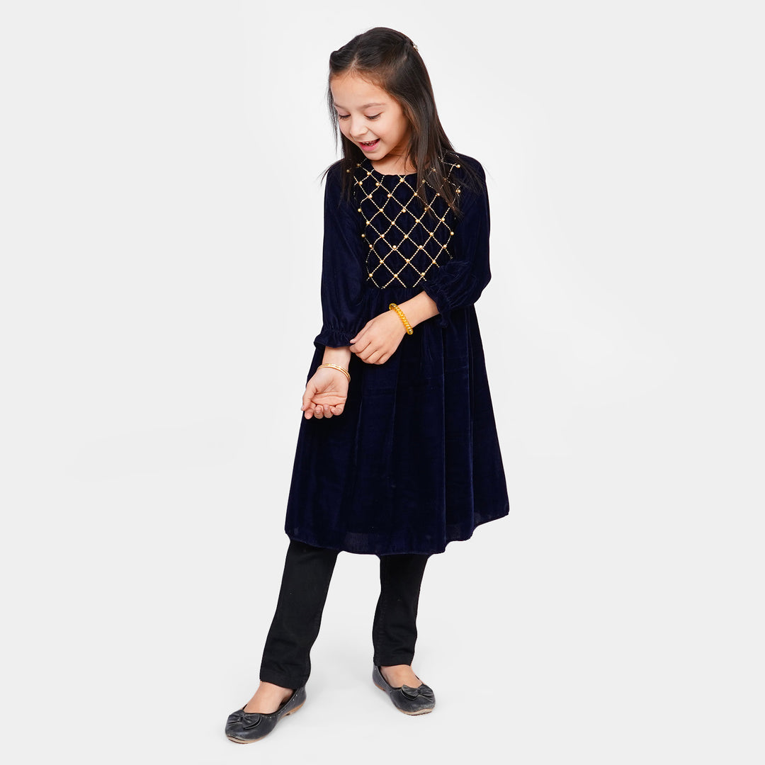 Girls Fancy Frock Velvet EMB - Blue