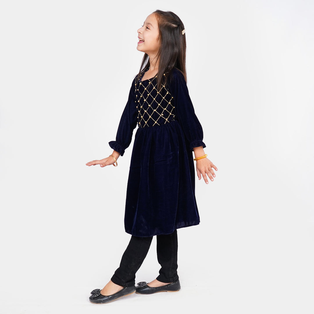 Girls Fancy Frock Velvet EMB - Blue