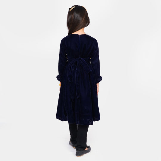 Girls Fancy Frock Velvet EMB - Blue