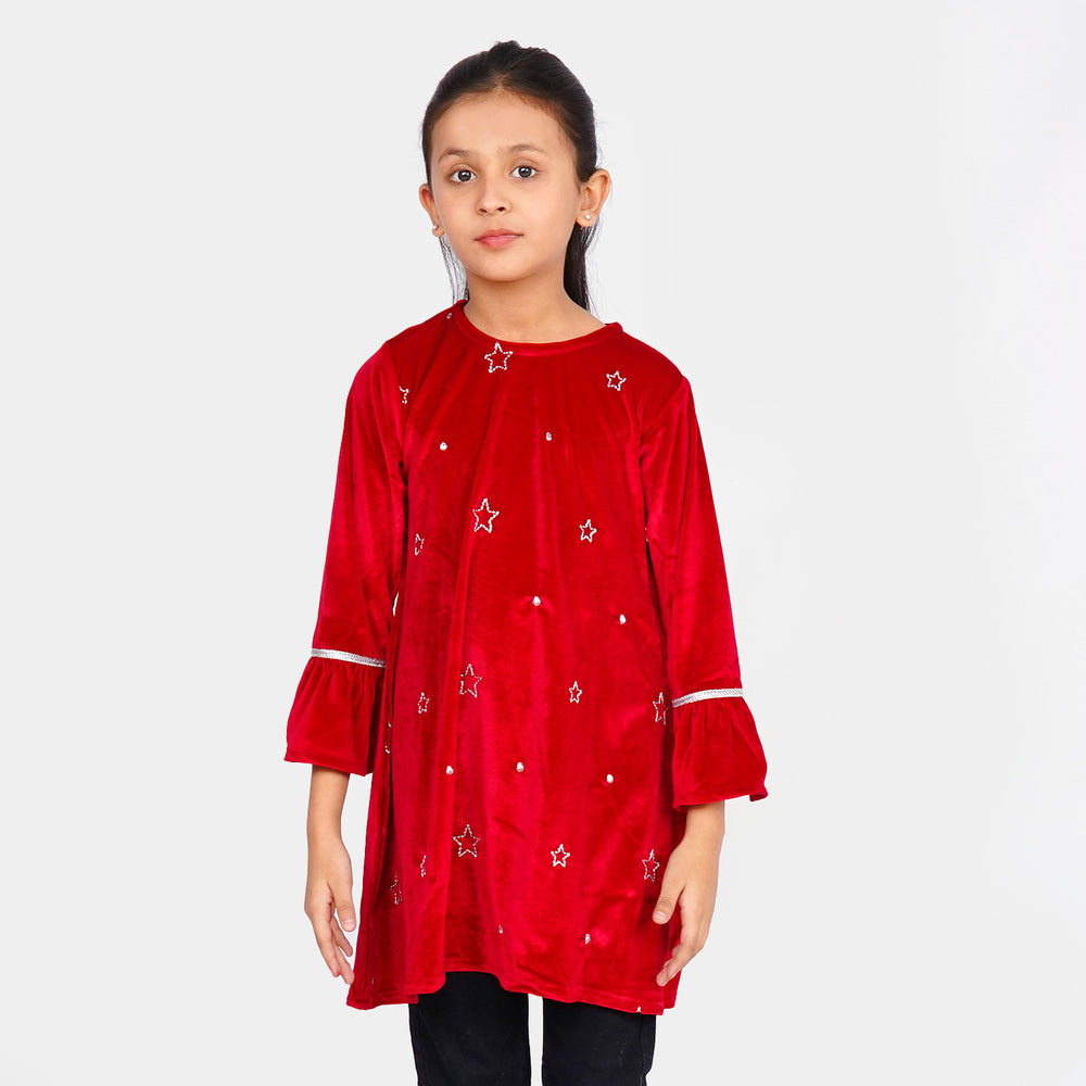 Girls Velvet EMB Top Glowing Star-Red