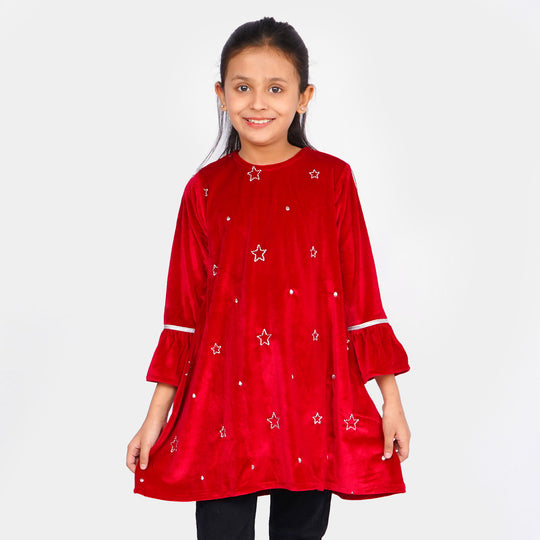 Girls Velvet EMB Top Glowing Star-Red