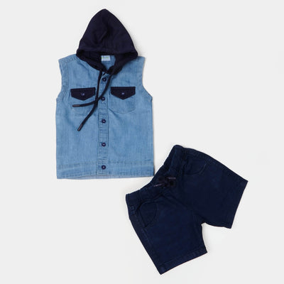 Infant Boys Denim Hooded Suit - Ice Blue