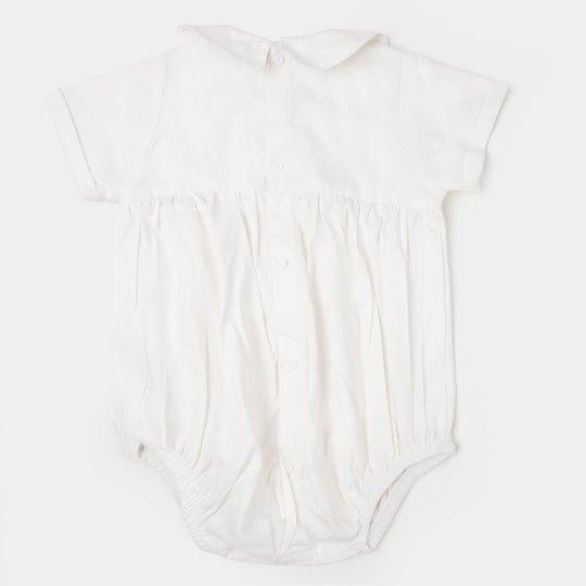 Infant Unisex Woven Romper Flap Pockets - White