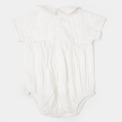 Infant Unisex Woven Romper Flap Pockets - White