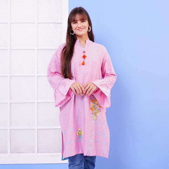 Teens Girls Embroidered Kurti Flower Pots - Pink