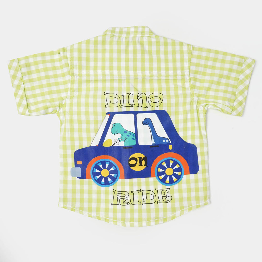 Infant Boys Cotton Casual Shirt Dino On Ride - Green Check