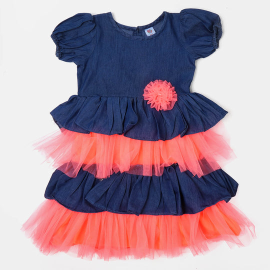 Girls Fancy Frock Denim Neon - Neon Orange