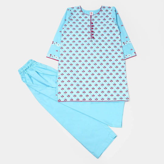 Girls Cotton Flower Printed 2Pcs Suit Grace - Sky Blue