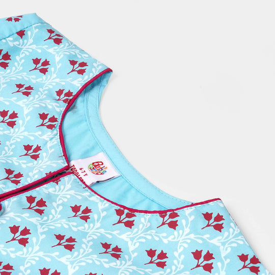 Girls Cotton Flower Printed 2Pcs Suit Grace - Sky Blue