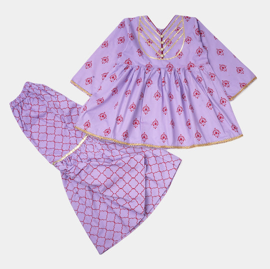 Girls Cotton Printed 2Pcs Suit - Purple