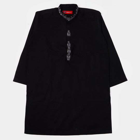 Boys Cotton Embroidered Kurta - Black