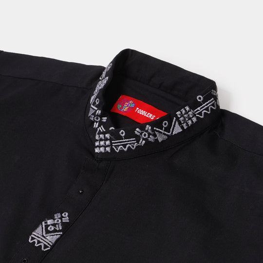 Boys Cotton Embroidered Kurta - Black