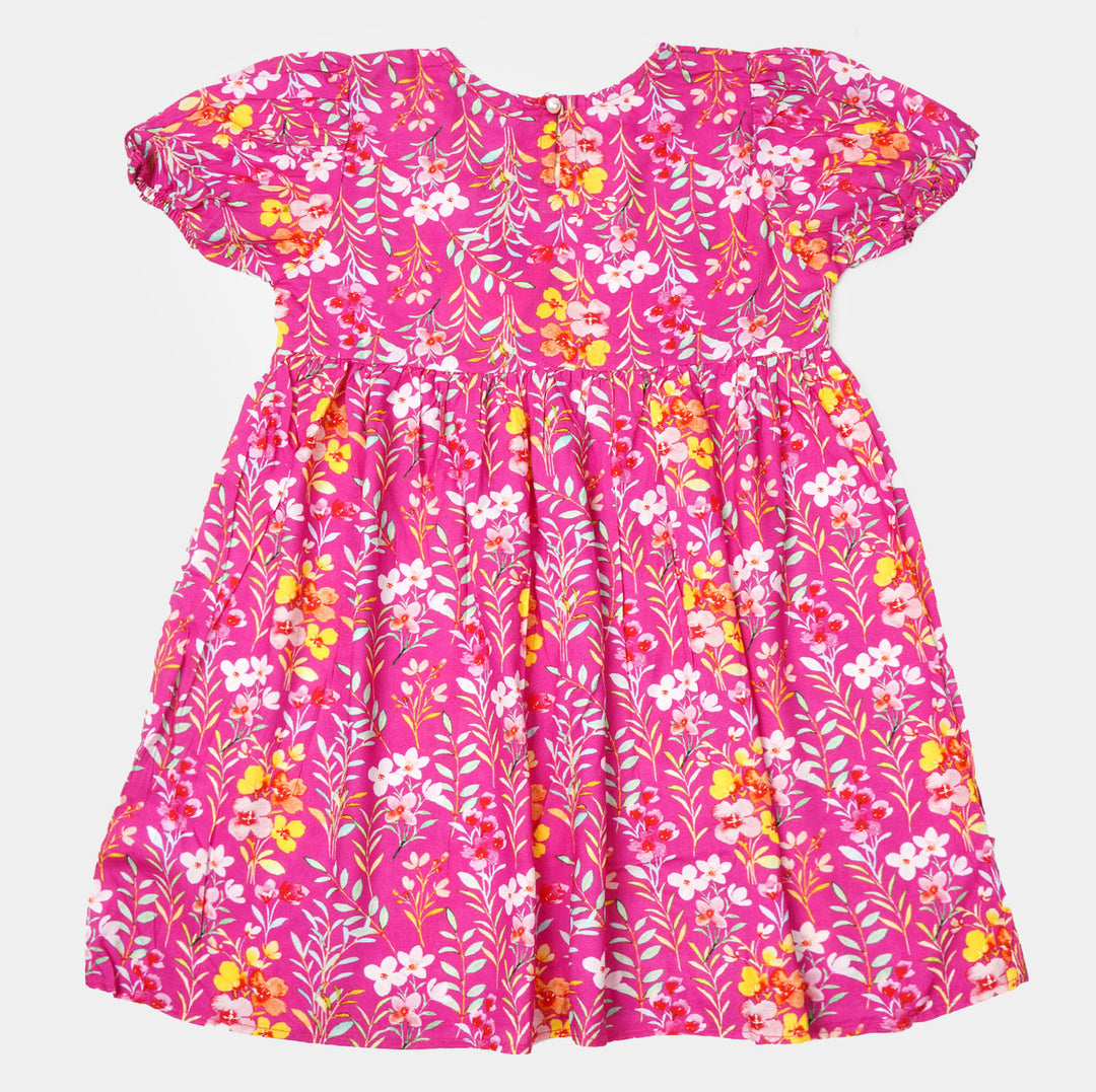 Girls Cotton Casual Frock - Hot Pink