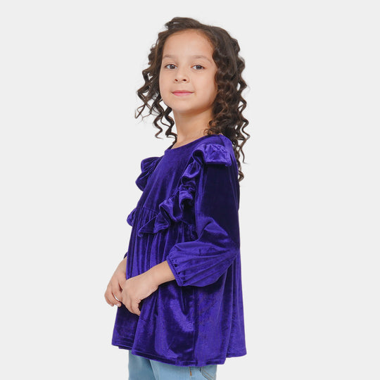 Girls Velvet Plain Top Ruffled - Purple