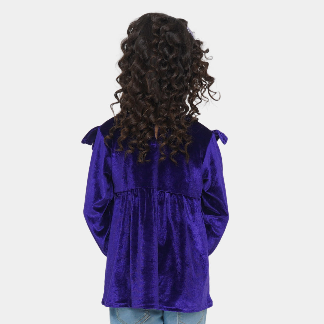 Girls Velvet Plain Top Ruffled - Purple