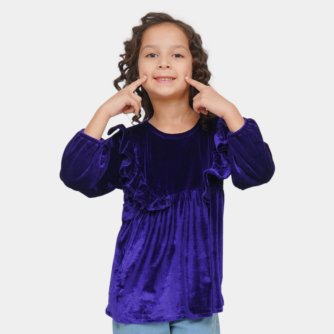 Girls Velvet Plain Top Ruffled - Purple