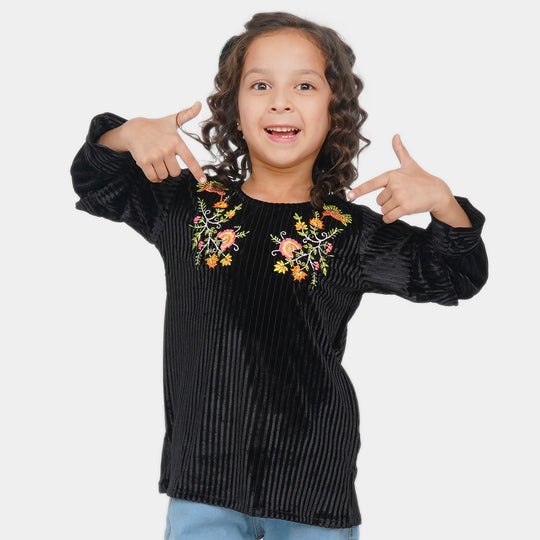 Girls Velvet EMB Top Big Floral - BLACK